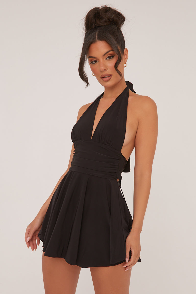 Black Halter Plunge Neck Mini Dress