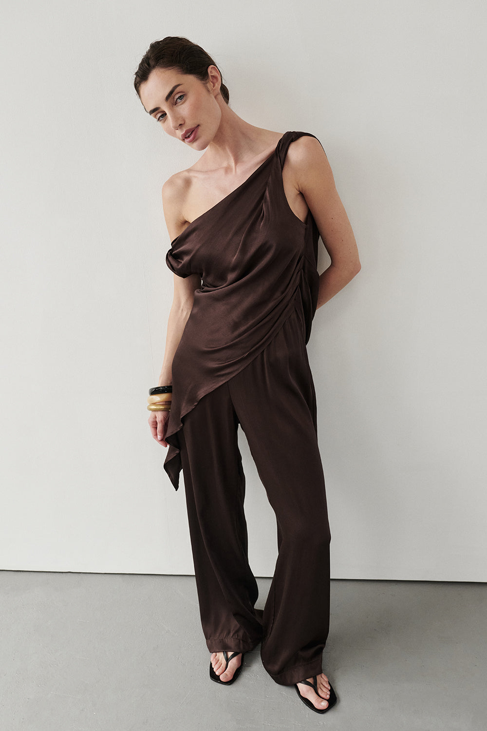 EVE BITTER CHOC ASYM SATIN TOP