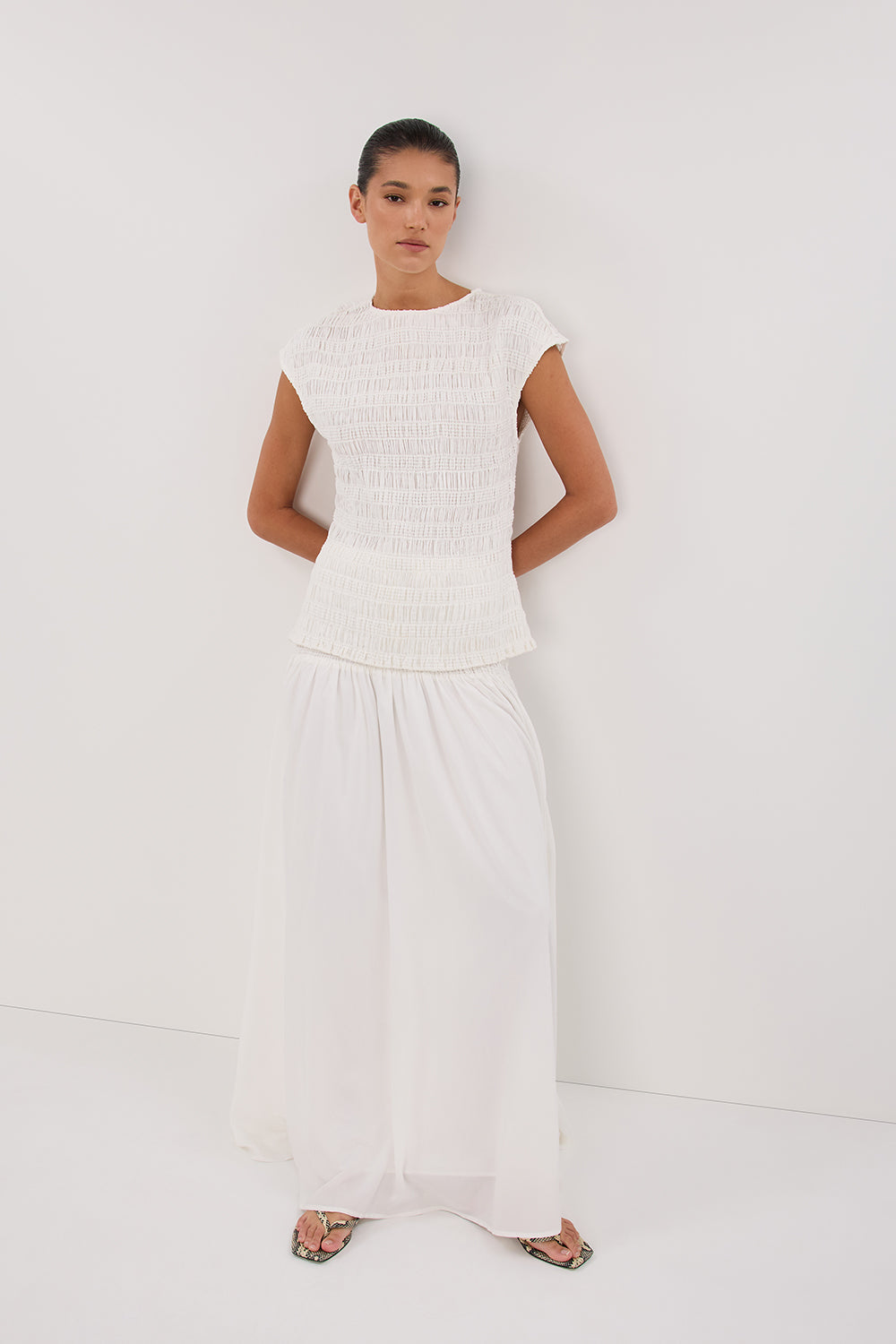 SIERRA WHITE TEXTURED MIDI SKIRT
