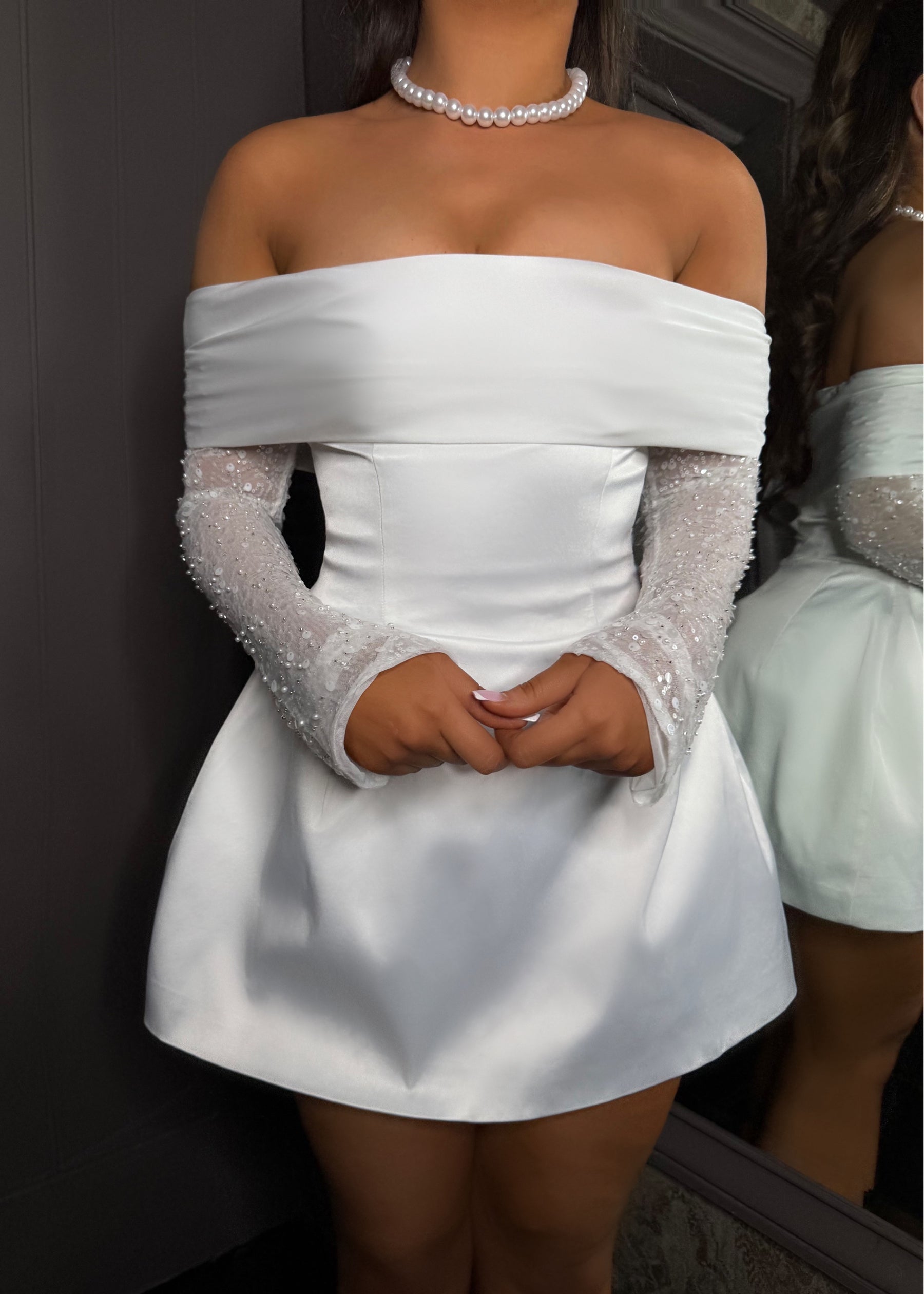 Luminous Love Embellished Long Sleeve Mini Dress - White