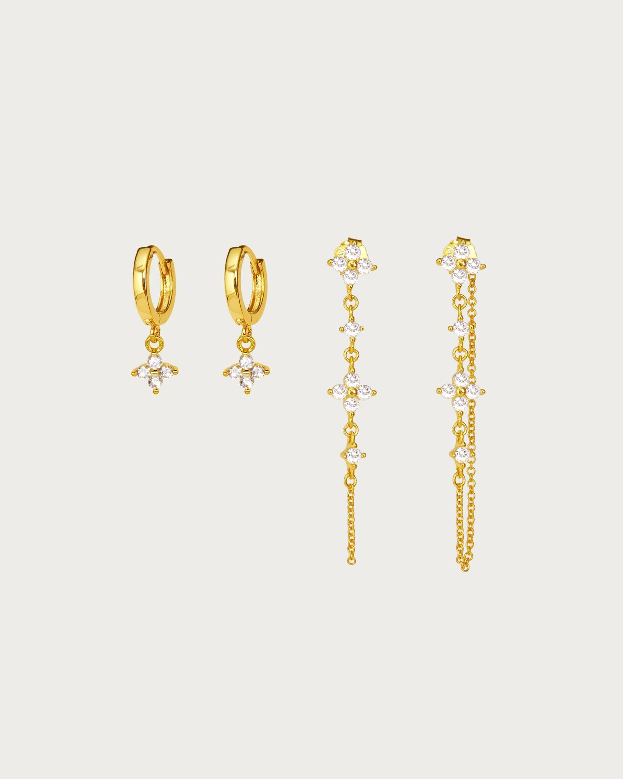 Gold Lucky Clover Earrings Set