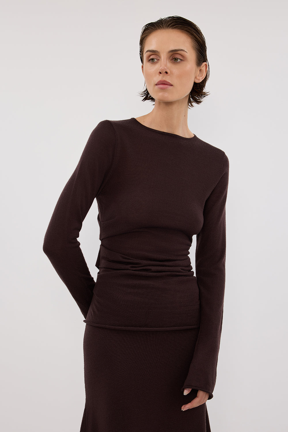 NICO BITTER CHOC MERINO KNIT TOP