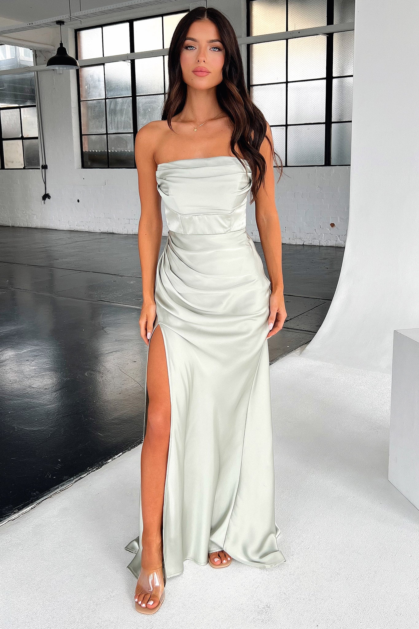 Lola Strapless Satin Maxi Dress - Sage