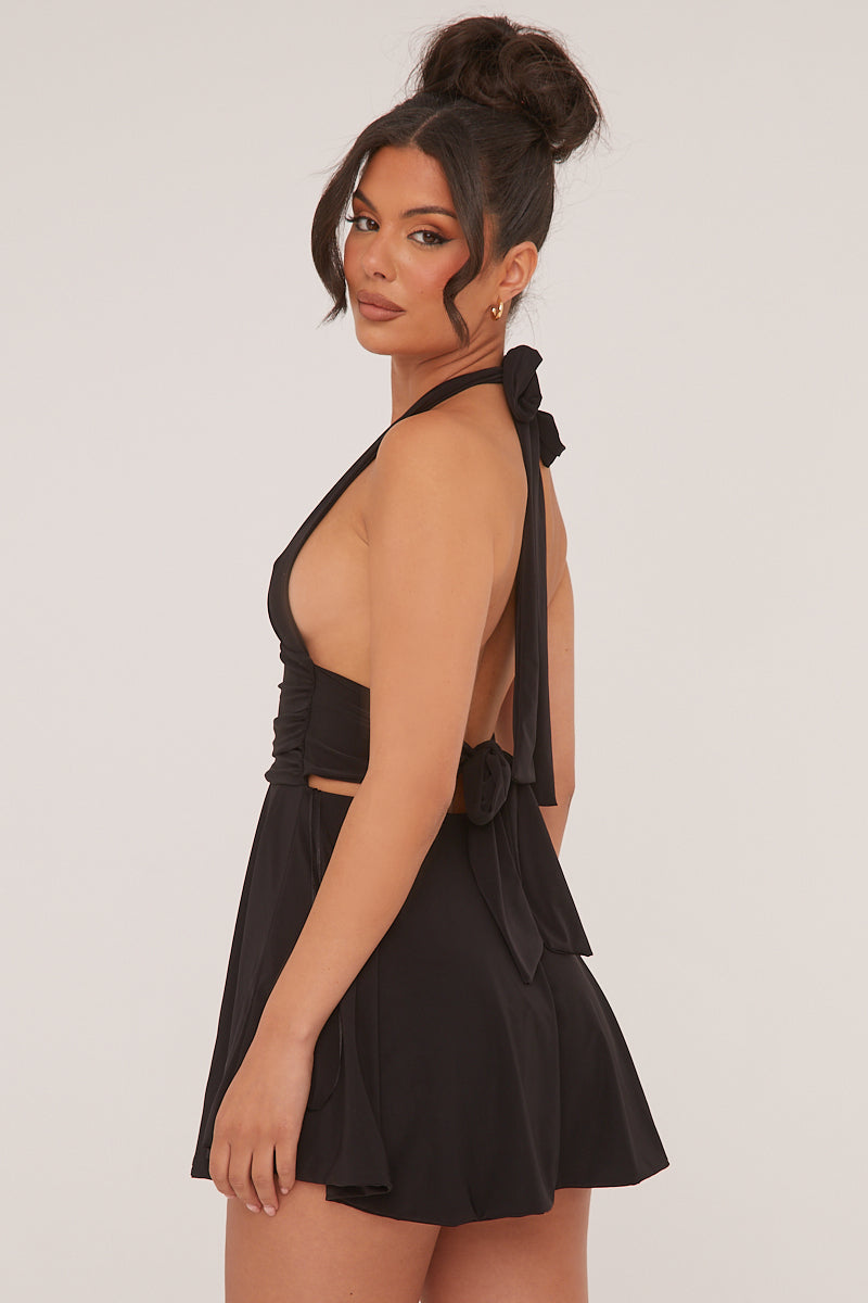 Black Halter Plunge Neck Mini Dress