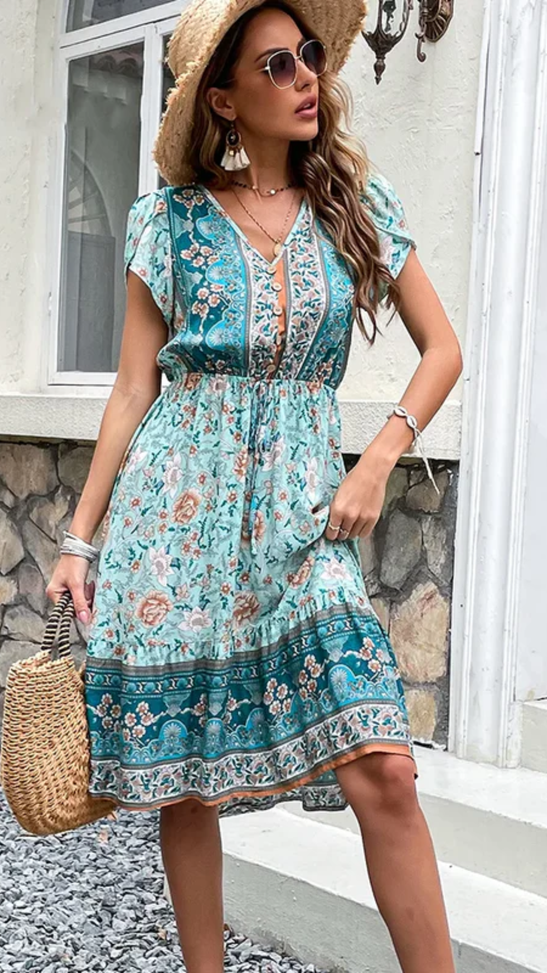 Celia - Green Floral Boho Midi Dress
