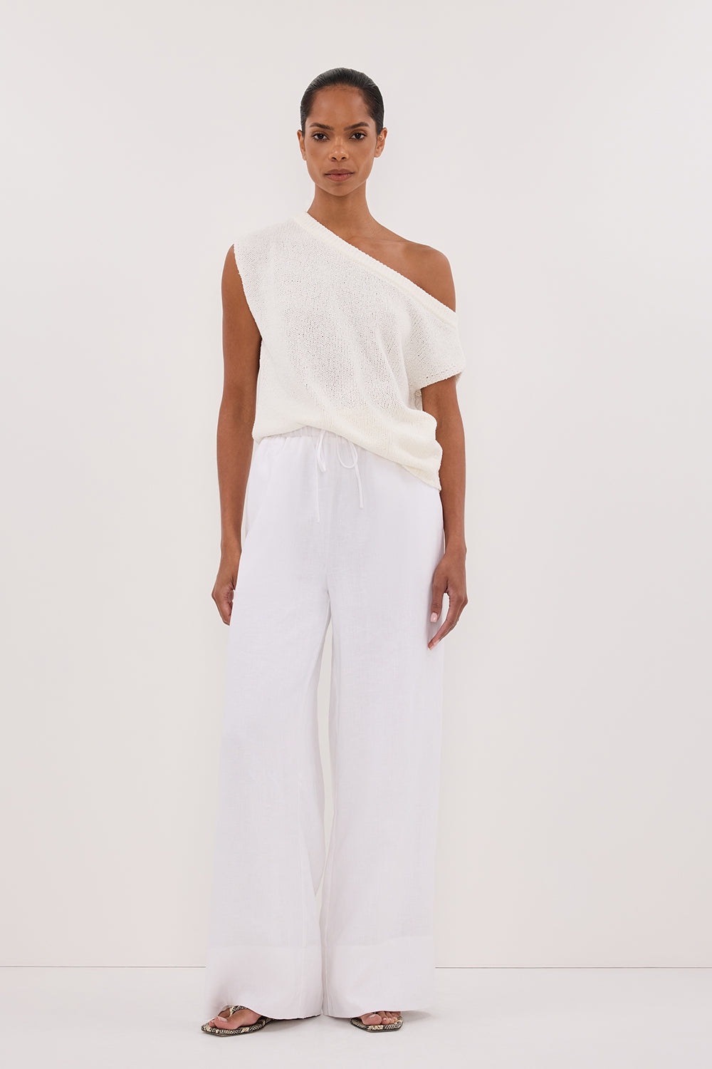 GINA WHITE LINEN ELASTIC WAIST PANT