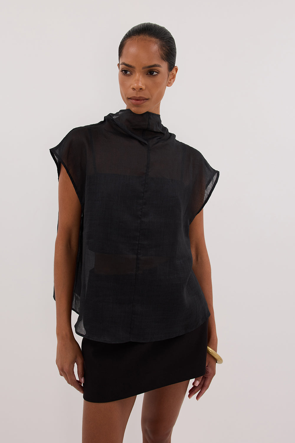 CARMEL BLACK RAMIE FUNNEL NECK TOP
