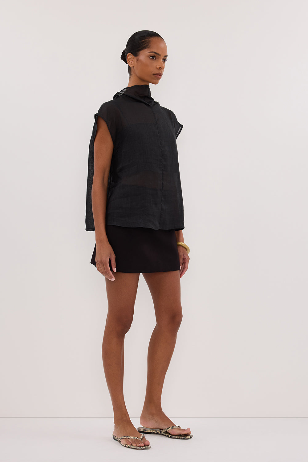 CARMEL BLACK RAMIE FUNNEL NECK TOP
