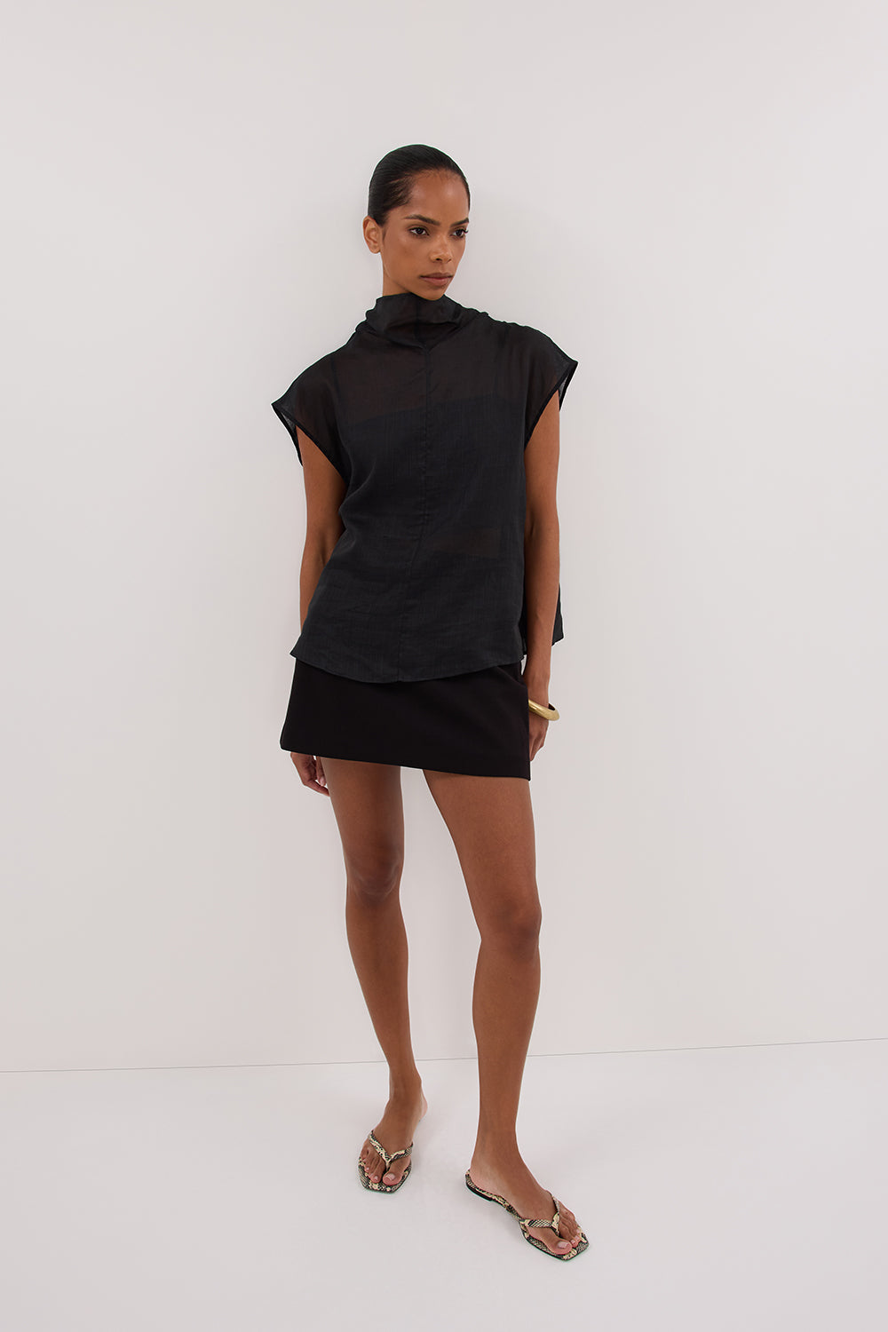 CARMEL BLACK RAMIE FUNNEL NECK TOP