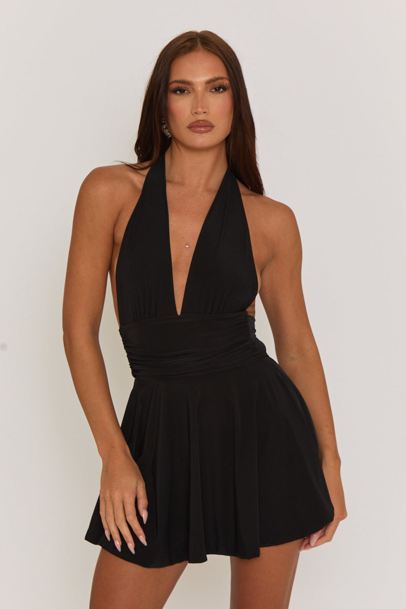 Black Halter Plunge Neck Mini Dress