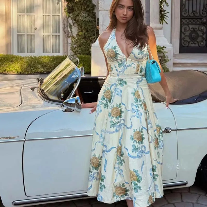 Backless Floral A-Line Dress
