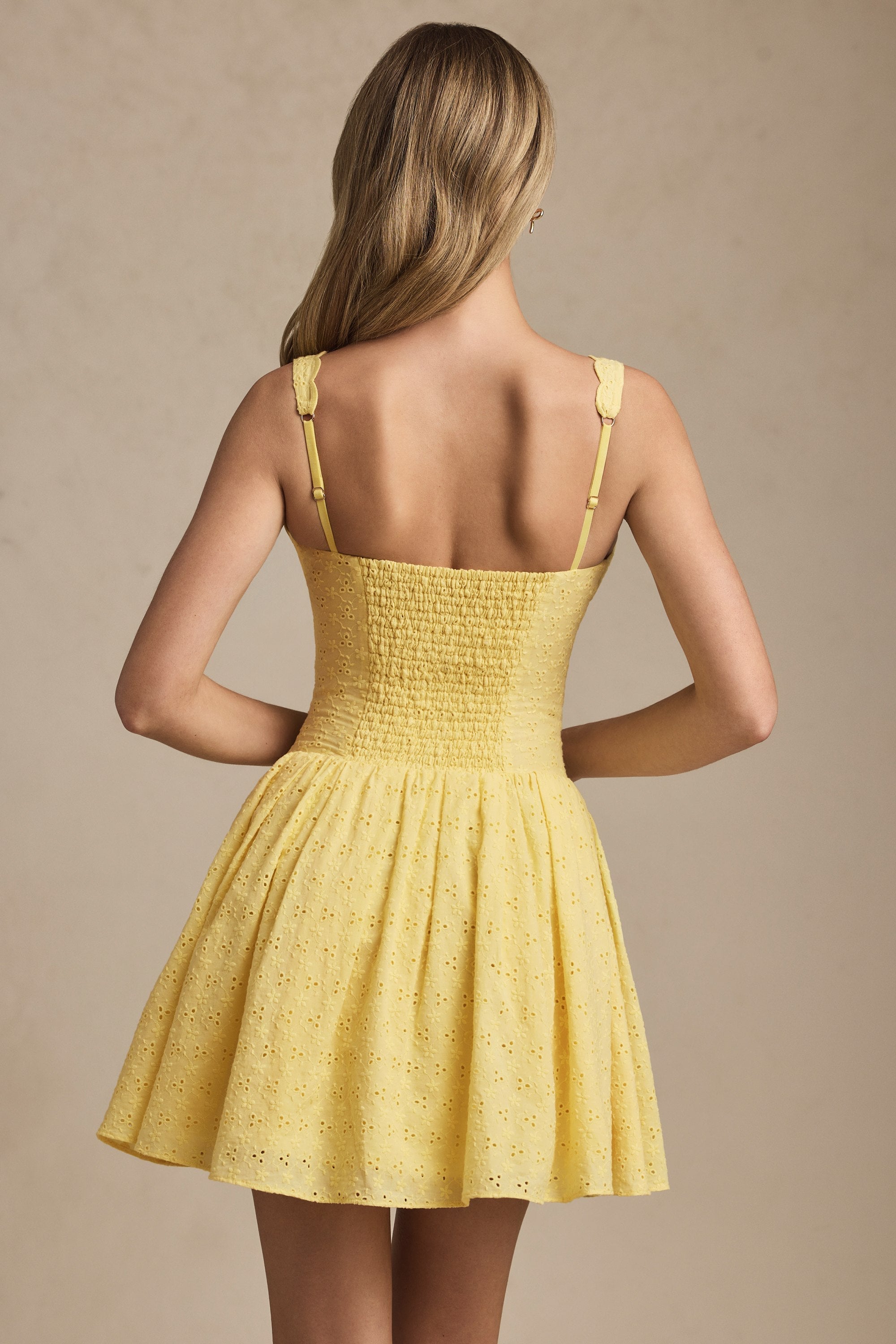 Broderie Anglaise Mini Dress in Pastel Yellow